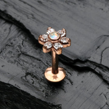Detail View 1 of Rose Gold Brilliant Sparkle Flower Top Internally Threaded Steel Labret-Clear Gem/Aurora Borealis